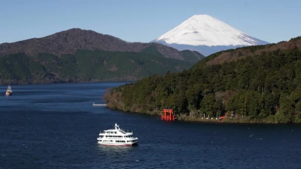 Lake Ashinoko Met Berg Fuji Achter Fuji Hakone Izu National — Stockvideo