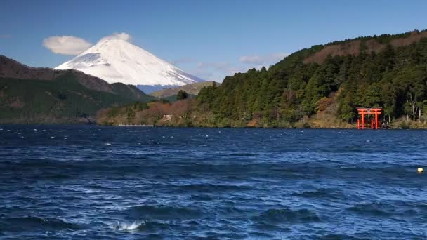 Lago Ashinoko Com Monte Fuji Atrás Parque Nacional Fuji Hakone — Vídeo de Stock