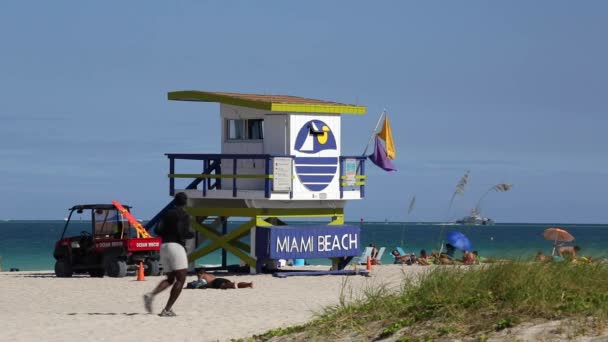 Art Deco Στυλ Lifeguard Καλύβα Στο South Beach Ocean Drive — Αρχείο Βίντεο