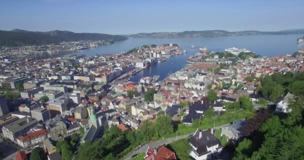 Aerial View Vgen Harbour Byfjorden Fjord Old City Mount Flyen — Stock Video