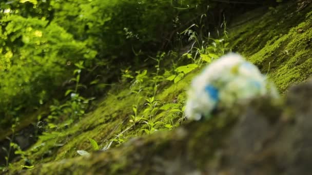 Bouquet da sposa sdraiato sull'erba e sul legno — Video Stock