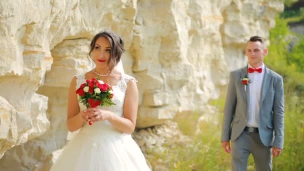 Happy couple walk near high sandstone cliffs — Stock Video