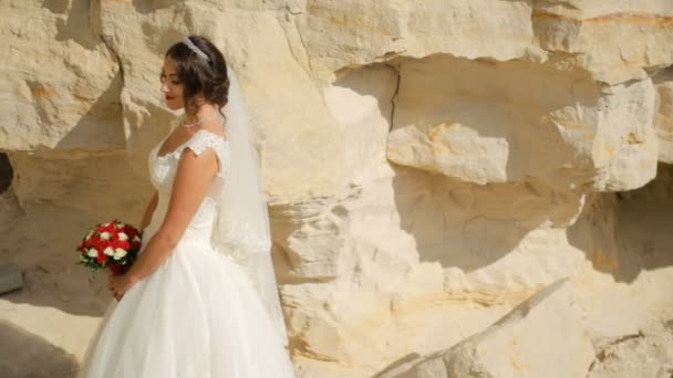 Счастливая пара ходить рядом с высокими скалами песчаника — стоковое видео