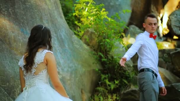 Casal ativo escalando na rocha na floresta com falésias, pinheiros — Vídeo de Stock