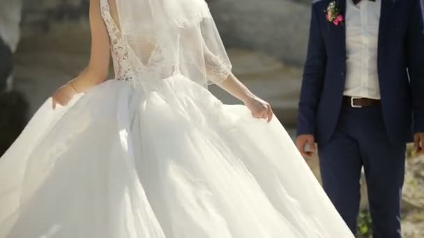 Bride and handsome groom walking near sandy rocks — Stock Video