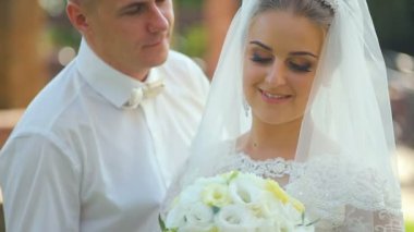 Güneşli park boyunca yürüyüş ve şefkatle öpüşme sırasında elele çift