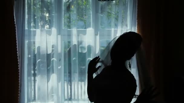 A silhouette of a bride near the window. — Stock Video