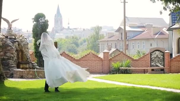 Couple holding hands while walking along sunny park and tenderly kissing — Stock Video