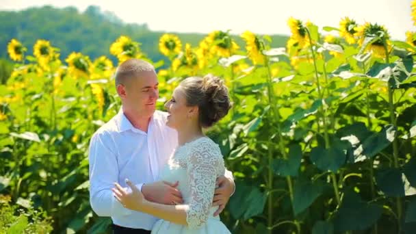 Happy couple running on sunflower field, taking hands and smiling. — Stock Video