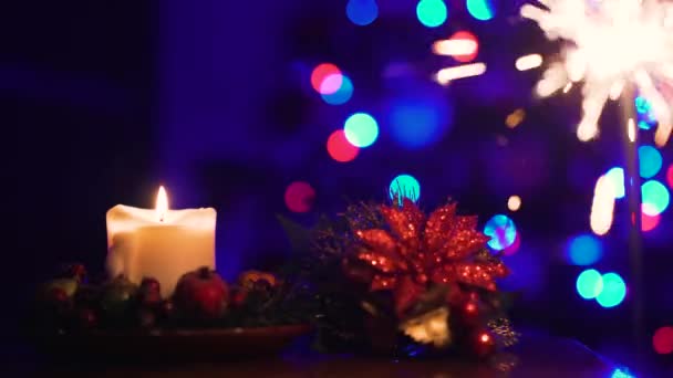 Christmas Candle and Sparks of Bengal Light on Christmas Tree. Diff. 4k — Stock Video