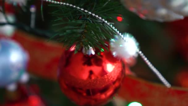 Addobbi natalizi su albero con luci natalizie. Palla di maiale 2019 — Video Stock