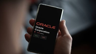 January 15th 2024. The logo of Oracle Corporation on the screen of an exchange. Oracle Corporation price stocks, $ORCL on a device. clipart