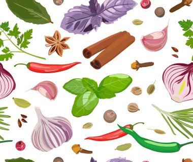 Resim baharat ve baharat ile vektör desen. Fesleğen, kekik, soğan, biber, sarımsak, defne yaprağı, tarçın, maydanoz, anason, karanfil, rosemary. Ambalaj, yemek tarifi web sitesi için tasarım yemek