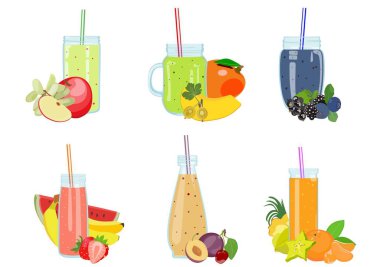 Sağlıklı özgün meyve smoothies düz stilde topluluğu. Vektör çizim.