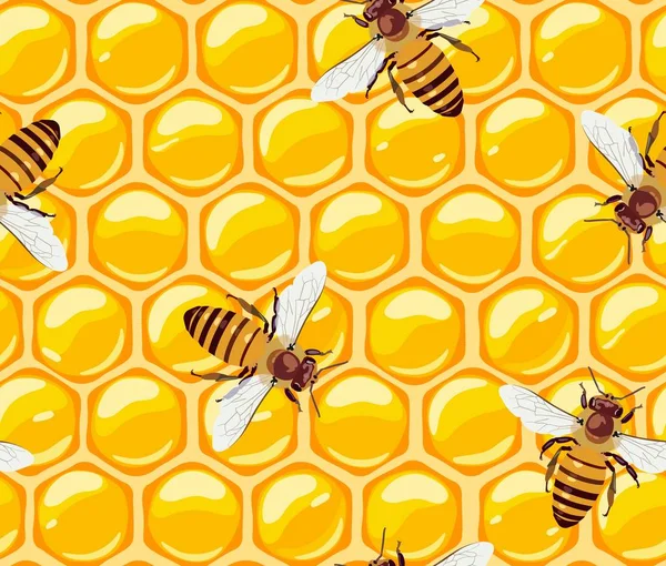 蜂と蜂の巣のシームレスなパターン。蜂蜜。有用な昆虫。ベクトル. — ストックベクタ