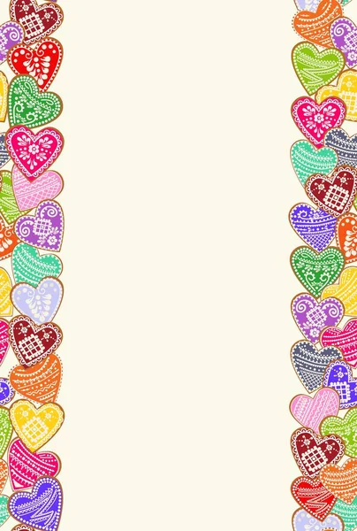 Vector Frame Gingerbread Form Hearts Patterns Covered Multi Colored Glaze — Stock Vector