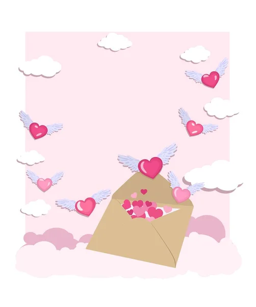 雲の背景上の封筒から高騰ピンクの翼のあるハートのベクター形式の画像です 愛の宣言 挨拶や招待状テキストのためのスペースを持つはがきテンプレート — ストックベクタ
