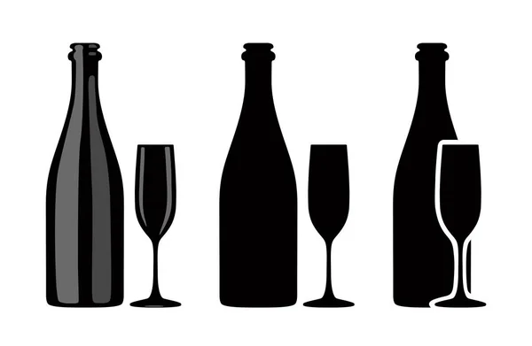 Silueta de botella de champán y copa. Ilustración vectorial — Vector de stock
