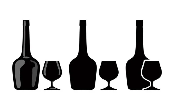 Silhouette de bouteille de cognac et verre de brandy. Vecteur — Image vectorielle