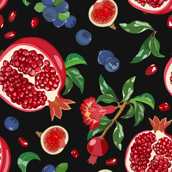 Seamless pattern of ripe pomegranate, fig fruits and blueberries. Vector — Stock Vector