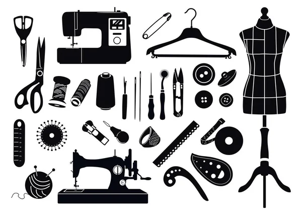 Set of silhouettes of items for sewing. Monochrome.Tailor. Vector — Stock Vector