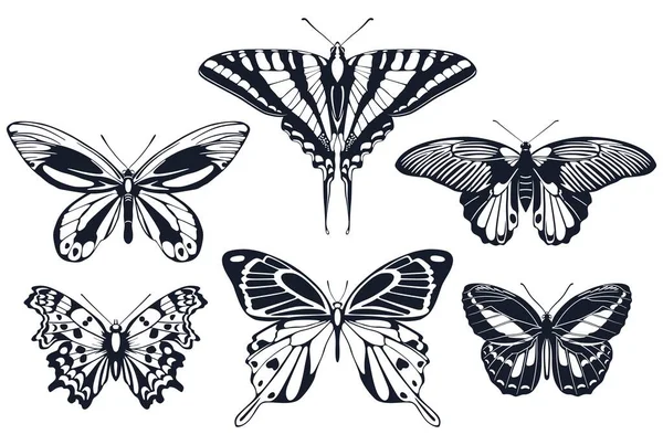 Conjunto de iconos de mariposas con patrones en las alas. Ilustración vectorial — Vector de stock