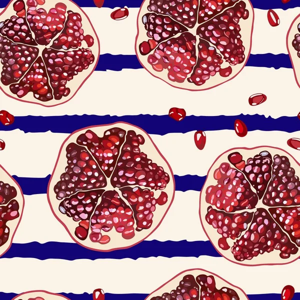 Απρόσκοπτη μοτίβο με κομμένο ρόδι. Μισά ζουμερά φρούτα με δημητριακά. Εικονογράφηση διανύσματος — Διανυσματικό Αρχείο