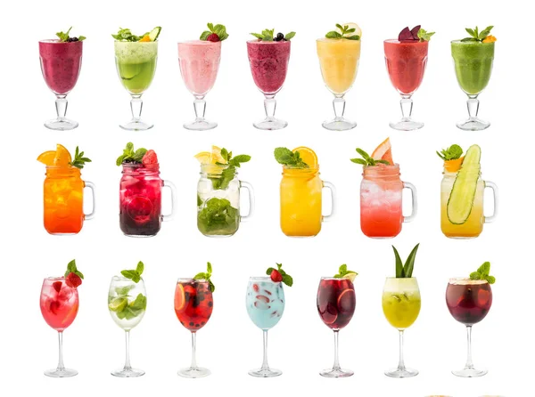 Klasik alkol kokteyller yumuşak kümesi ve uzun içecekler, tatlılar ve beyaz arka plan üzerinde izole limonata