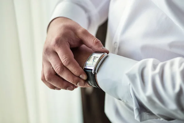 Businessman Checking Time His Wrist Watch Man Putting Clock Hand — Stock Photo, Image