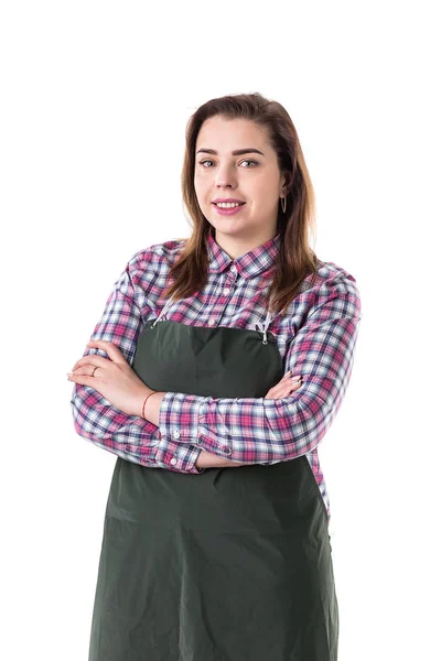 Retrato Mujer Sonriente Jardinero Profesional Florista Delantal Aislado Sobre Fondo — Foto de Stock