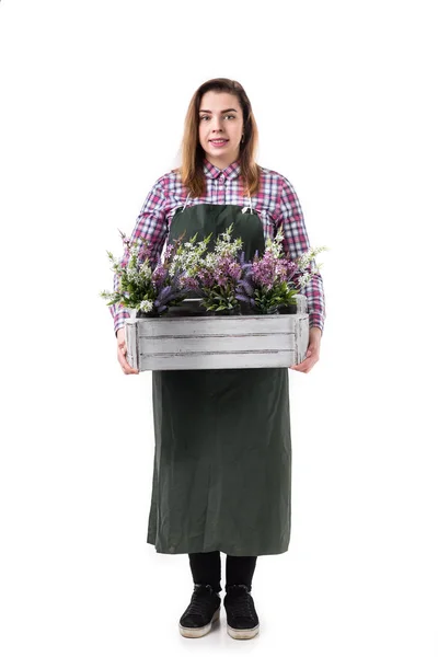 Vrouw Professionele Tuinman Bloemist Schort Bloemen Houden Een Pot Geïsoleerd — Stockfoto