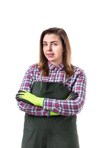 Retrato Mujer Sonriente Jardinero Profesional Florista Delantal Aislado Sobre Fondo — Foto de Stock