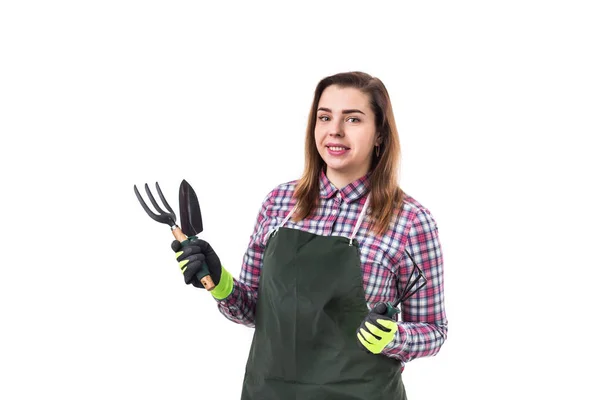 Mujer Jardinero Profesional Florista Delantal Sosteniendo Herramientas Jardinería Aisladas Sobre — Foto de Stock