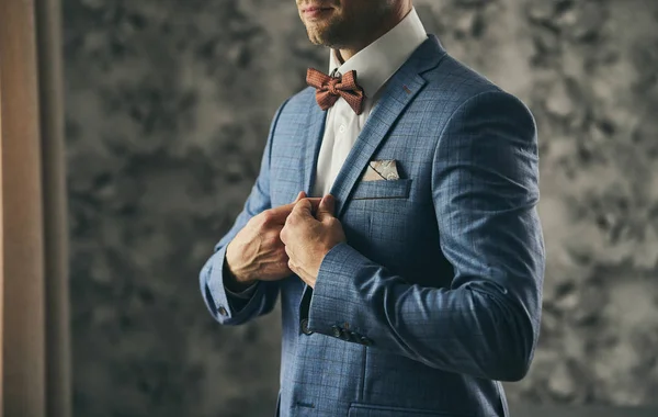 Businessman Wears Jacket Male Hands Closeup Groom Getting Ready Morning — Stock Photo, Image