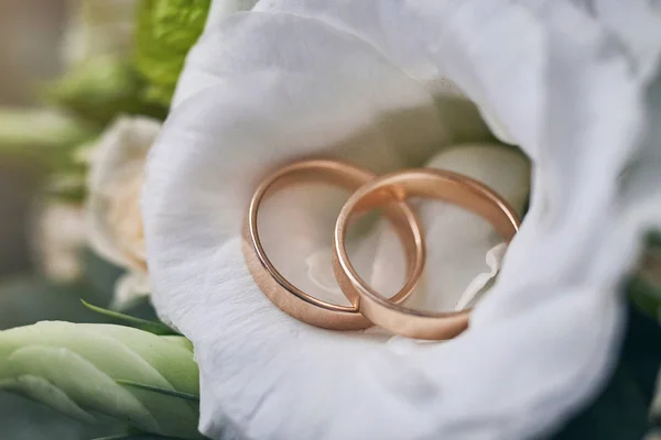 Anéis Casamento Jazem Belo Buquê Como Acessórios Noiva — Fotografia de Stock
