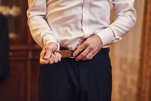 Businessman Putting Belt Fashion Clothing Concept Groom Getting Ready Morning — Stock Photo, Image