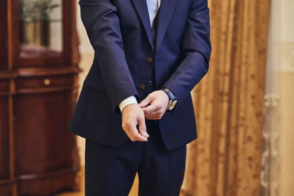 Businessman Wears Jacket Male Hands Closeup Groom Getting Ready Morning — Stock Photo, Image