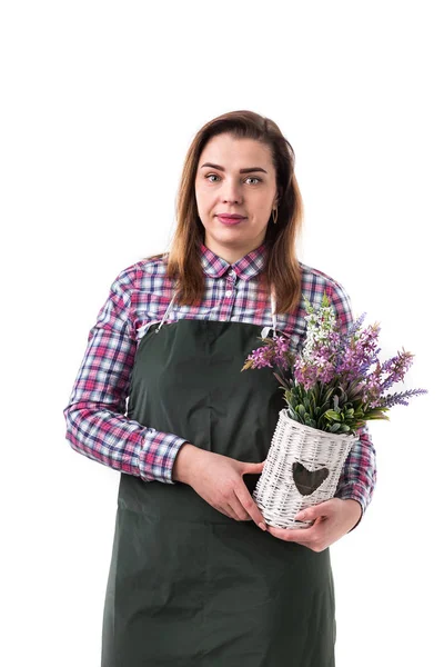 Vrouw Professionele Tuinman Bloemist Schort Bloemen Houden Een Pot Geïsoleerd — Stockfoto