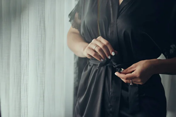 Girl Ties Belt Her Robe Standing Window Woman Getting Ready — Stock Photo, Image