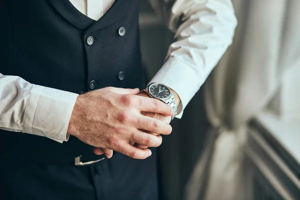 Businessman Checking Time His Wrist Watch Man Putting Clock Hand — Stock Photo, Image