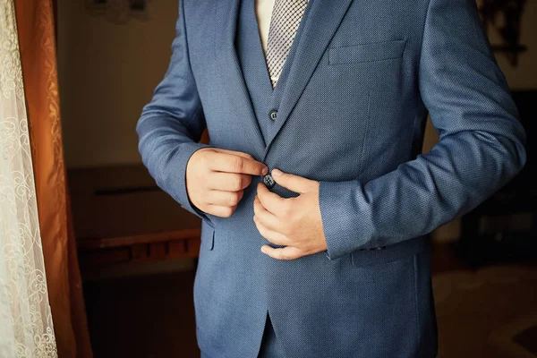 Businessman Wears Jacket Male Hands Closeup Groom Getting Ready Morning — Stock Photo, Image