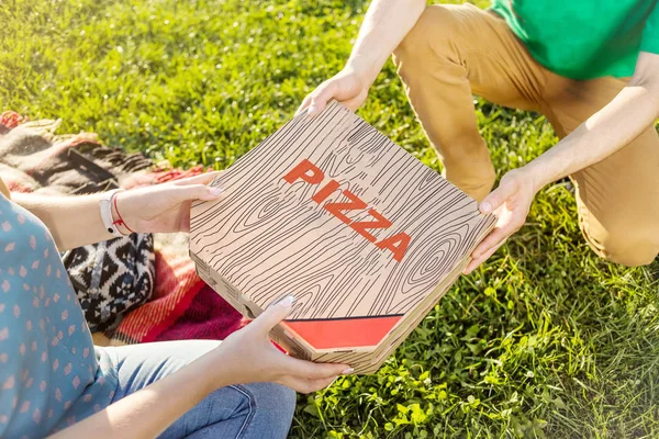 Man delivery (deliveryman)  tasty Pizza to girl in park