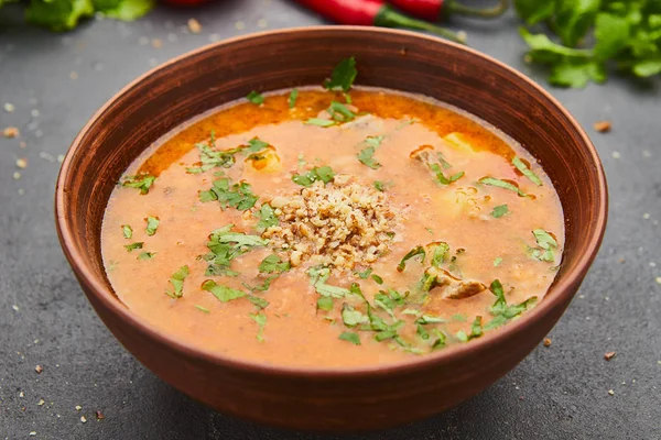 Et ve karanlık taş zemin üzerine pirinç ile geleneksel Gürcü çorbası Kharcho