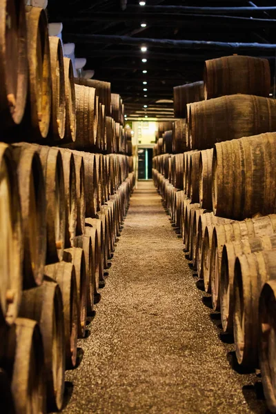 Stare, stare drewniane beczki z winem w skarbcu ustawionym w chłodnej i ciemnej piwnicy we Włoszech, Porto, Portugalia, Francja — Zdjęcie stockowe