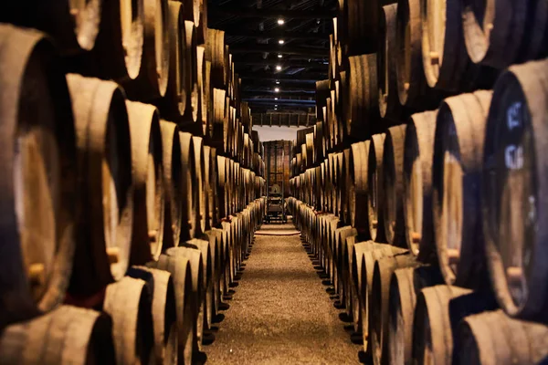 Viejos barriles de madera tradicionales envejecidos con vino en una bóveda alineada en una bodega fresca y oscura en Italia, Oporto, Portugal, Francia — Foto de Stock