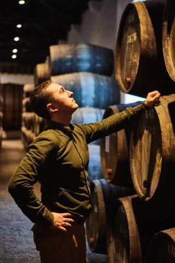 Italyan, Porto, Portekiz, Fransa 'da serin ve karanlık mahzende sıralı bir kasa içinde şarap ile eski yaşlı geleneksel ahşap varil profesyonel winemaker erkek