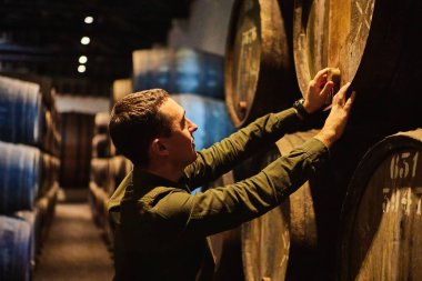 Italyan, Porto, Portekiz, Fransa 'da serin ve karanlık mahzende sıralı bir kasa içinde şarap ile eski yaşlı geleneksel ahşap varil profesyonel winemaker erkek