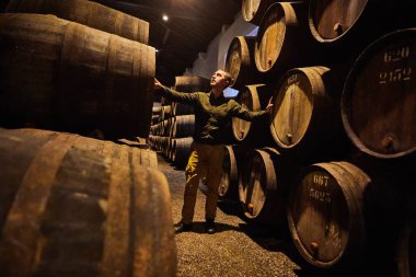 Italyan, Porto, Portekiz, Fransa 'da serin ve karanlık mahzende sıralı bir kasa içinde şarap ile eski yaşlı geleneksel ahşap varil profesyonel winemaker erkek