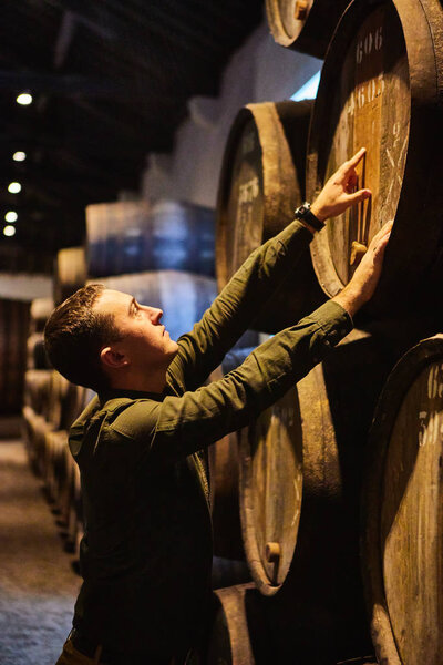 Профессиональный винодел мужского пола в старинных традиционных деревянных бочках с вином в хранилище выстроились в прохладном и темном подвале в Италии, Порту, Португалия, Франция
