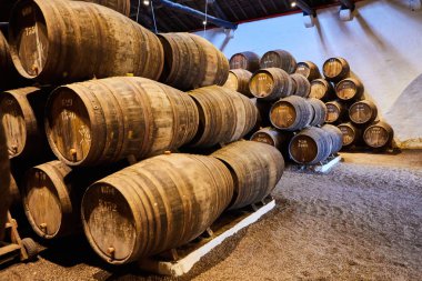 İtalya, Porto, Portekiz ve Fransa 'da serin ve karanlık mahzenlere dizilmiş şarap dolu eski geleneksel ahşap fıçılar.